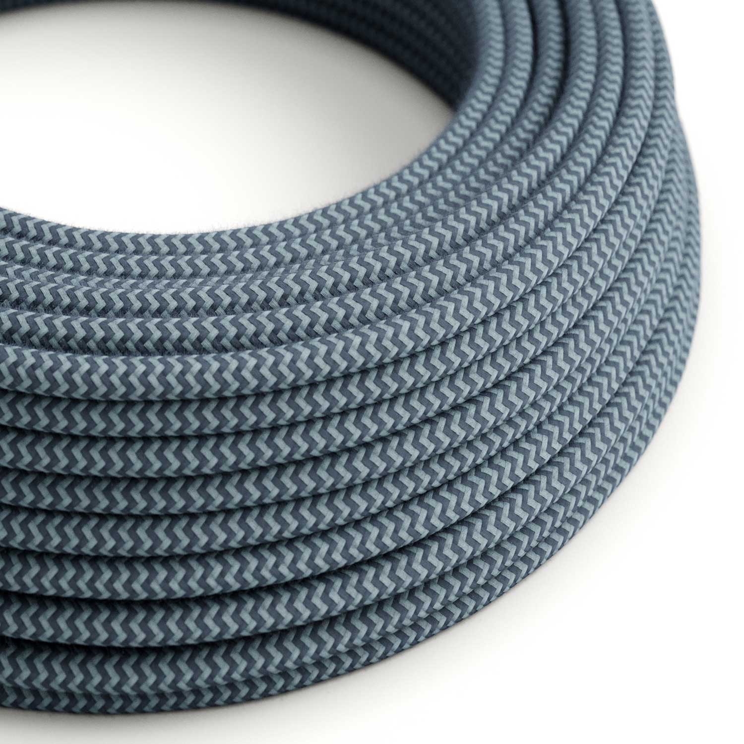 Câble électrique Rond Gaine De Tissu de Couleur Coton - ZigZag Gris Pierre et Océan RZ25