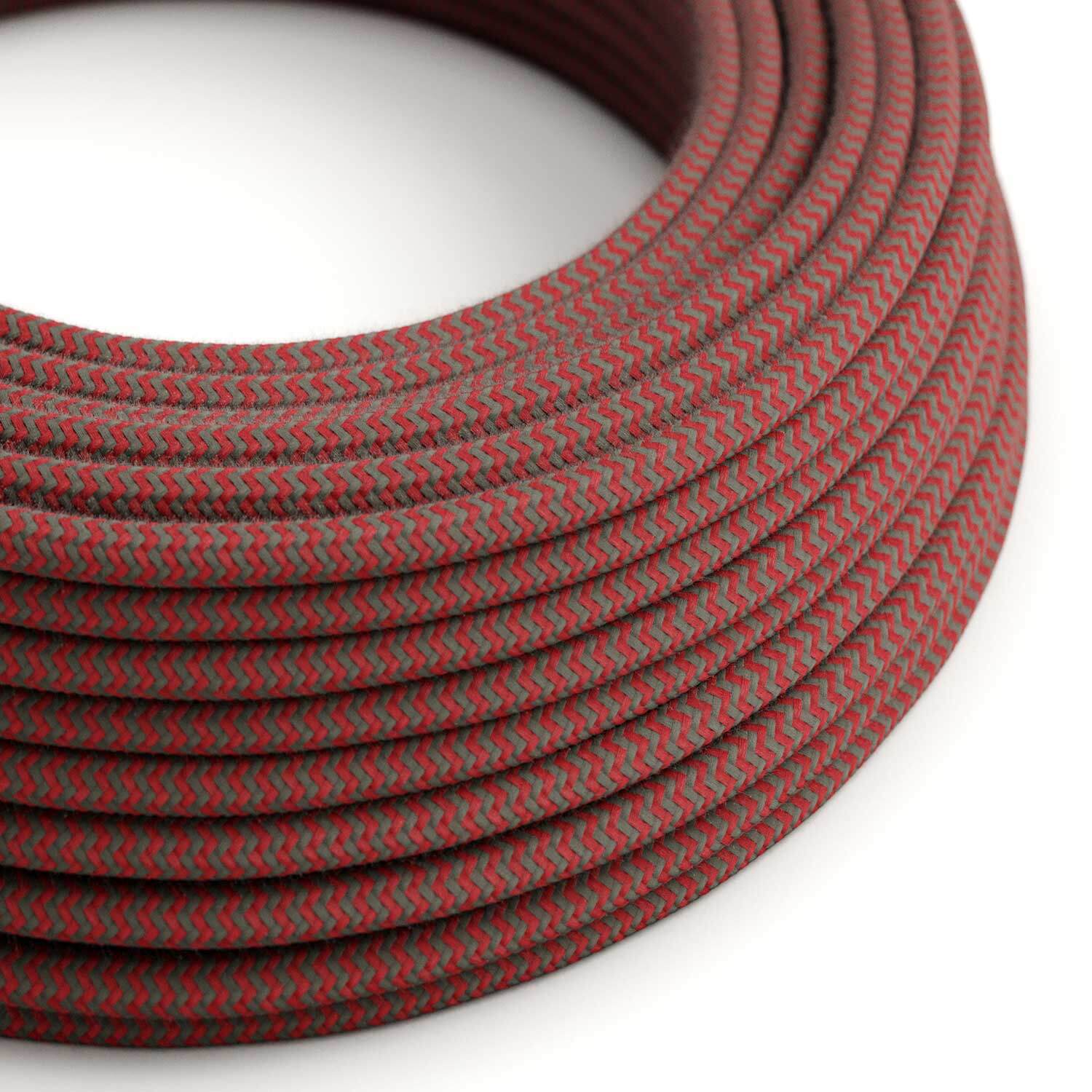 Câble électrique Rond Gaine De Tissu De Couleur - ZigZag Rouge Feu et Gris RZ28