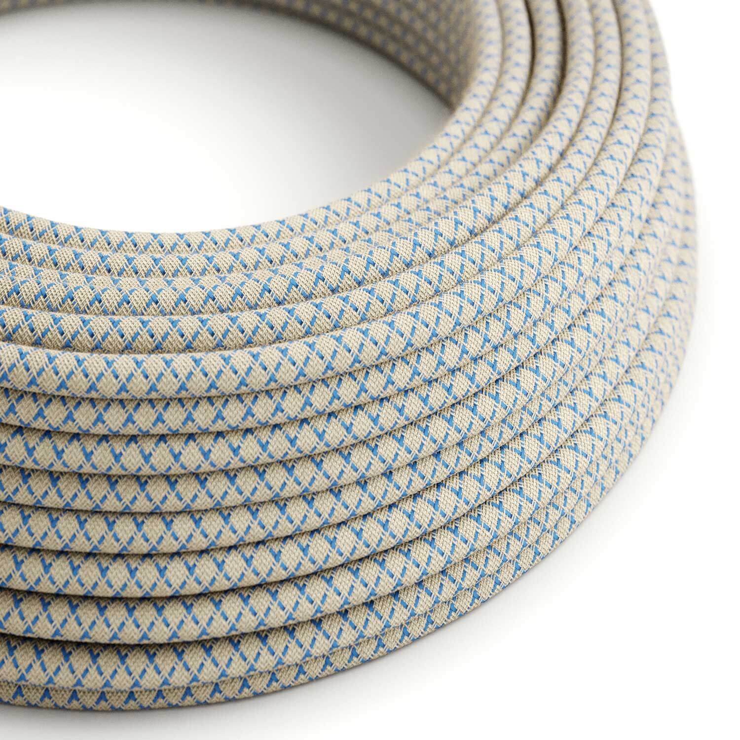 Câble électrique Rond Gaine De Tissu De Couleur Coton Losange Bleu Steward et lin Naturel RD65