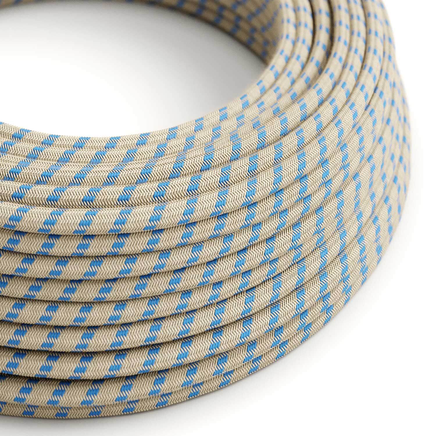 Câble électrique Rond Gaine De Tissu De Couleur Coton Stripes Bleu Steward et lin Naturel RD55
